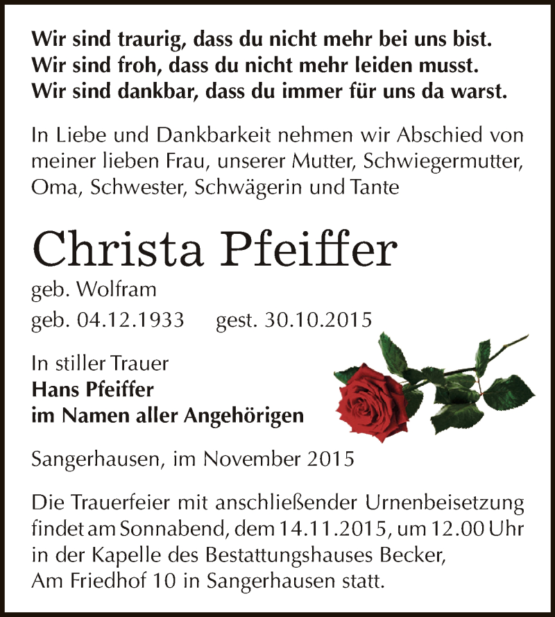  Traueranzeige für Christa Pfeiffer vom 07.11.2015 aus Super Sonntag SGH Mansf. Land