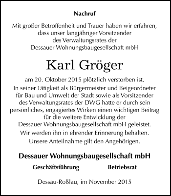 Traueranzeige von Karl Gröger von Mitteldeutsche Zeitung Dessau-Roßlau