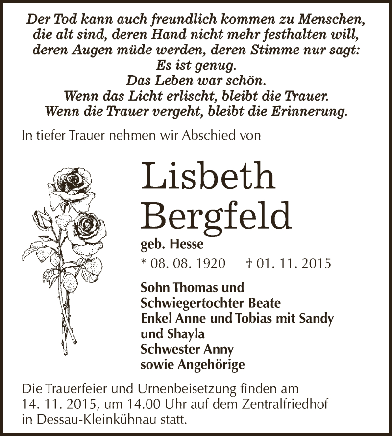  Traueranzeige für Lisbeth Bergfeld vom 07.11.2015 aus WVG - Wochenspiegel Dessau / Köthen
