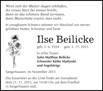 Traueranzeige von Ilse Beilicke von Super Sonntag SGH Mansf. Land