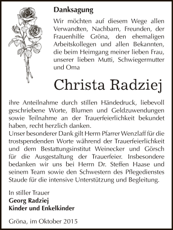 Traueranzeige von Christa Radziej von Super Sonntag Bernburg