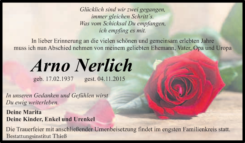 Traueranzeige für Arno Nerlich vom 14.11.2015 aus Super Sonntag Quedlinburg