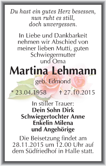 Traueranzeige von Martina Lehmann von Mitteldeutsche Zeitung Halle/Saalkreis