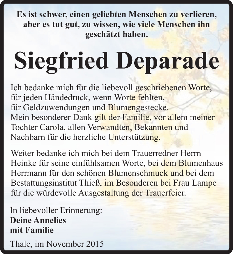  Traueranzeige für Siegfried Deparade vom 28.11.2015 aus Mitteldeutsche Zeitung Quedlinburg