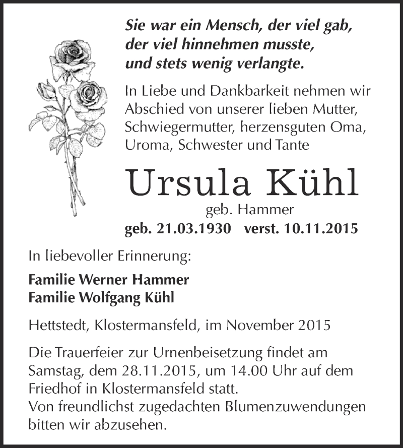  Traueranzeige für Ursula Kühl vom 18.11.2015 aus Wochenspiegel Mansfelder Land