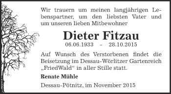 Traueranzeige von Dieter Fitzau von WVG - Wochenspiegel Dessau / Köthen