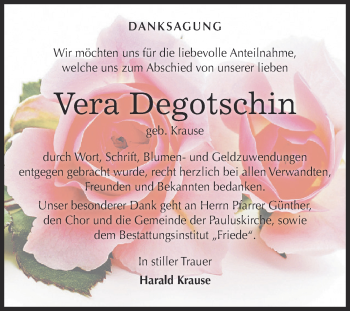 Traueranzeige von Vera Degotschin von WVG - Wochenspiegel Dessau / Köthen