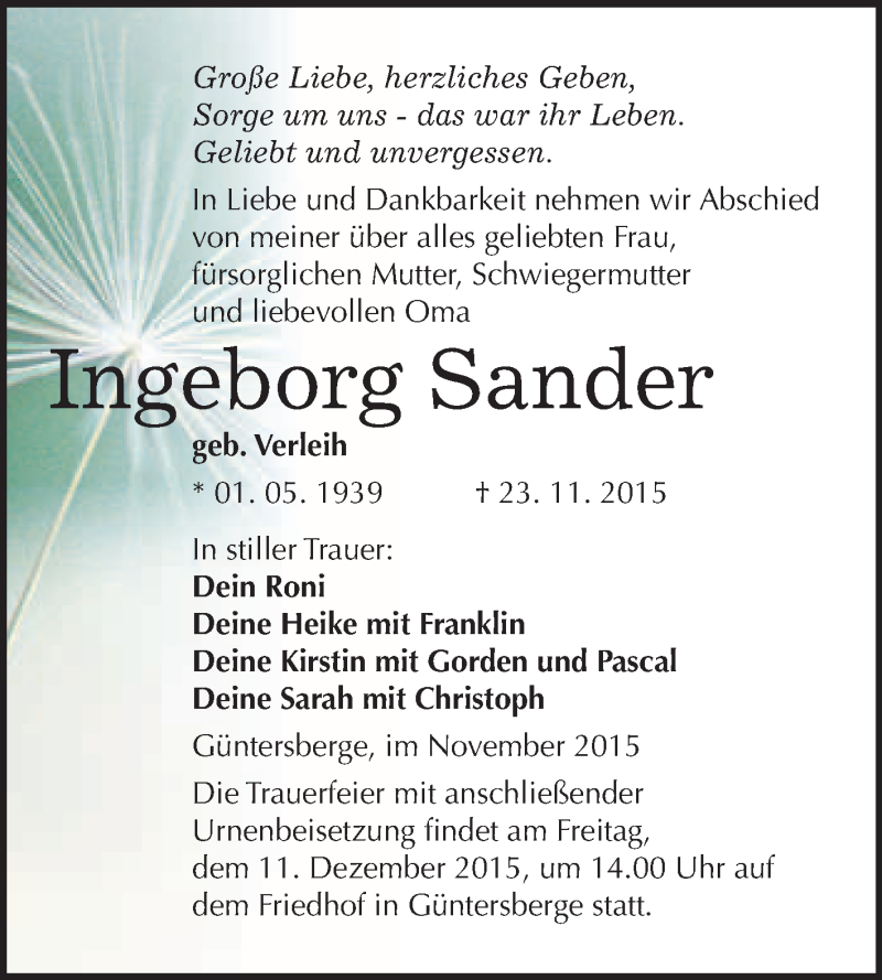  Traueranzeige für Ingeborg Sander vom 28.11.2015 aus WVG - Wochenspiegel Quedlinburg