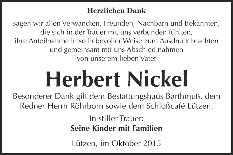  Traueranzeige für Herbert Nickel vom 04.11.2015 aus WVG - Wochenspiegel Merseburg