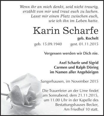 Traueranzeige von Karin Scharfe von Super Sonntag SGH Mansf. Land