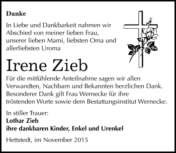 Traueranzeige von Irene Zieb von Mitteldeutsche Zeitung Mansfelder Land