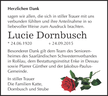 Traueranzeige von Lucie Dornbusch von Super Sonntag Dessau / Köthen