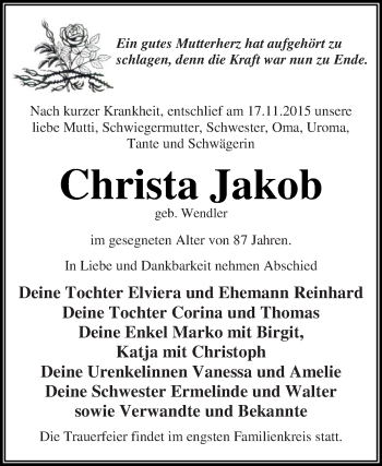Traueranzeige von Christa Jakob von WVG - Wochenspiegel Dessau / Köthen