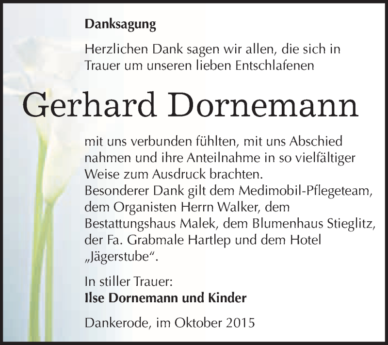 Traueranzeige für Gerhard Dornemann vom 07.11.2015 aus WVG - Wochenspiegel Quedlinburg