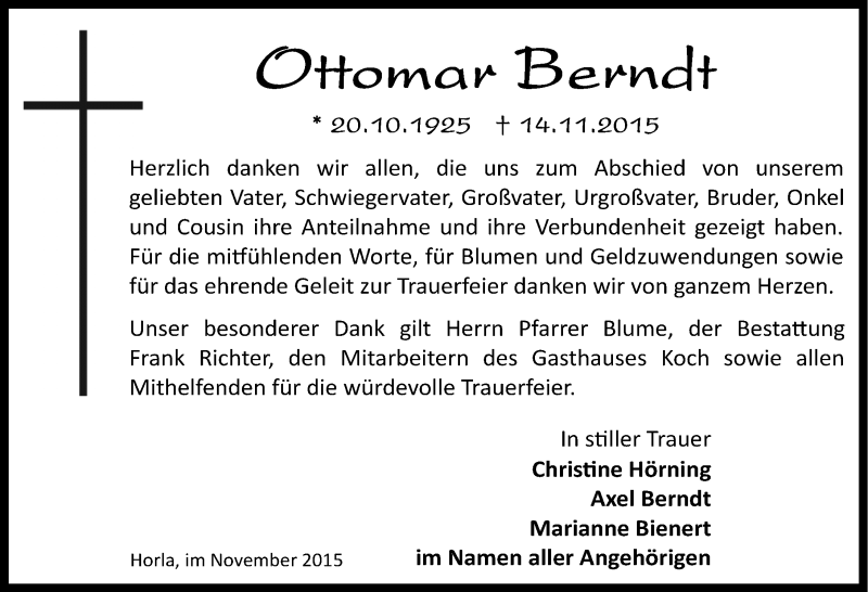 Traueranzeige für Ottomar Berndt vom 28.11.2015 aus Mitteldeutsche Zeitung Sangerhausen