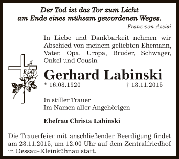 Traueranzeige von Gerhard Labinski von WVG - Wochenspiegel Dessau / Köthen