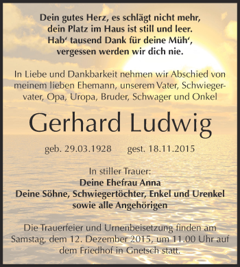 Traueranzeige von Gerhard Ludwig von WVG - Wochenspiegel Dessau / Köthen