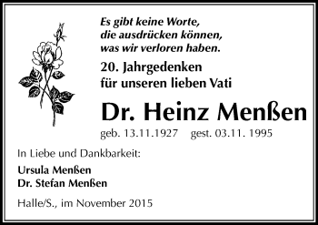 Traueranzeige von Heinz Menßen von Mitteldeutsche Zeitung Halle/Saalkreis