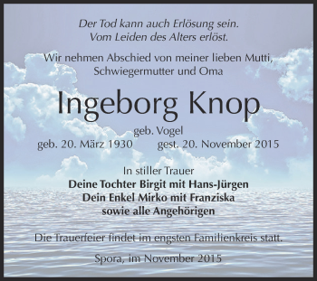 Traueranzeige von Ingeborg Knop von Super Sonntag Zeitz