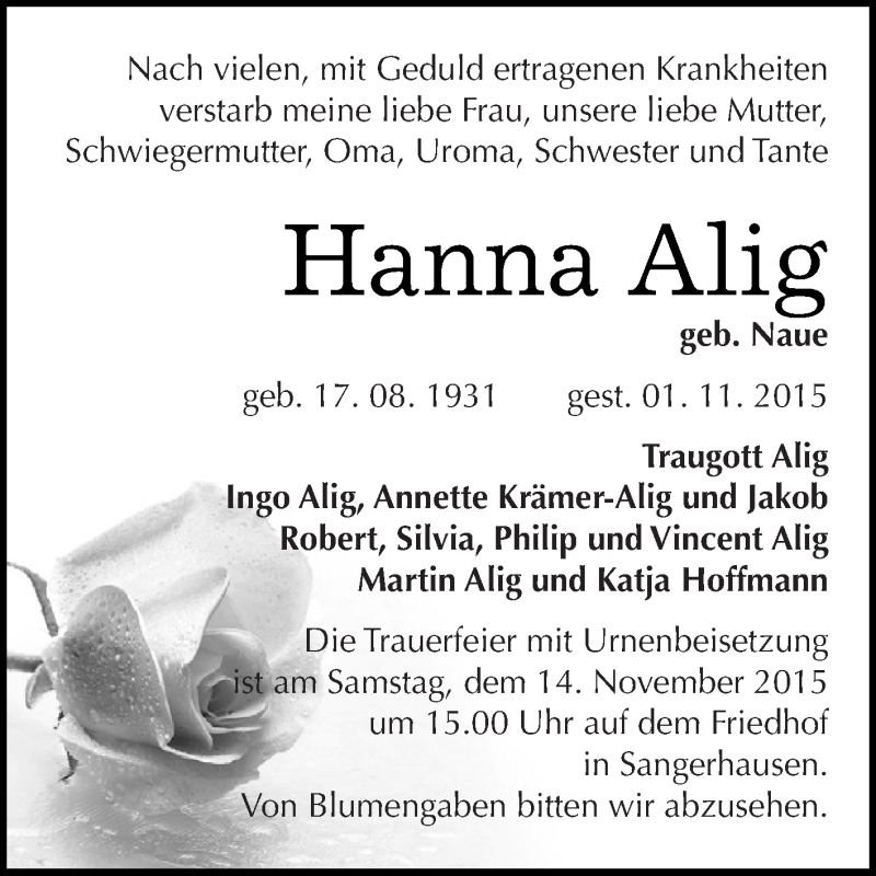  Traueranzeige für Hanna Alig vom 07.11.2015 aus Super Sonntag SGH Mansf. Land