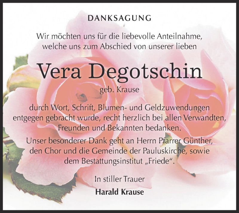  Traueranzeige für Vera Degotschin vom 28.11.2015 aus WVG - Wochenspiegel Dessau / Köthen