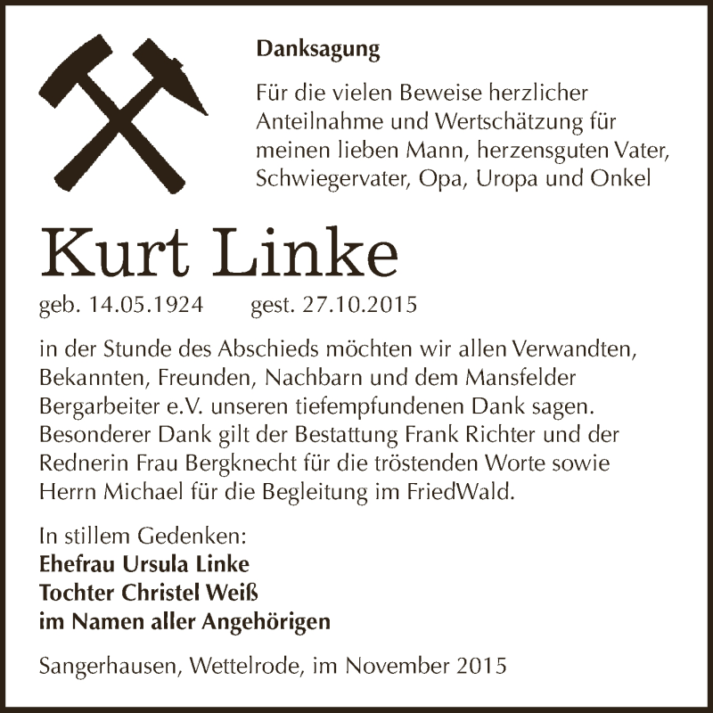  Traueranzeige für Kurt Linke vom 21.11.2015 aus Super Sonntag SGH Mansf. Land