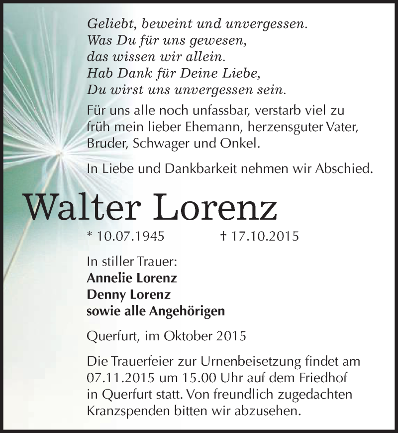  Traueranzeige für Walter Lorenz vom 03.11.2015 aus Mitteldeutsche Zeitung Merseburg/Querfurt
