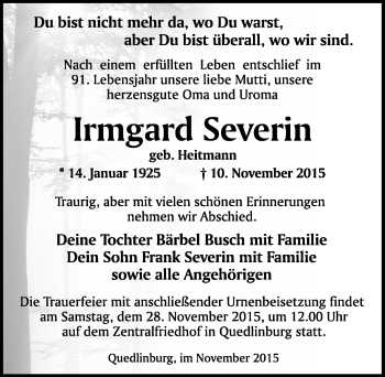 Traueranzeige von Irmgard Severin von Mitteldeutsche Zeitung Quedlinburg