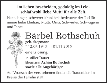 Traueranzeige von Bärbel Rothschuh von WVG - Wochenspiegel Dessau / Köthen