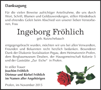 Traueranzeige von Ingeborg Fröhlich von Super Sonntag Zeitz