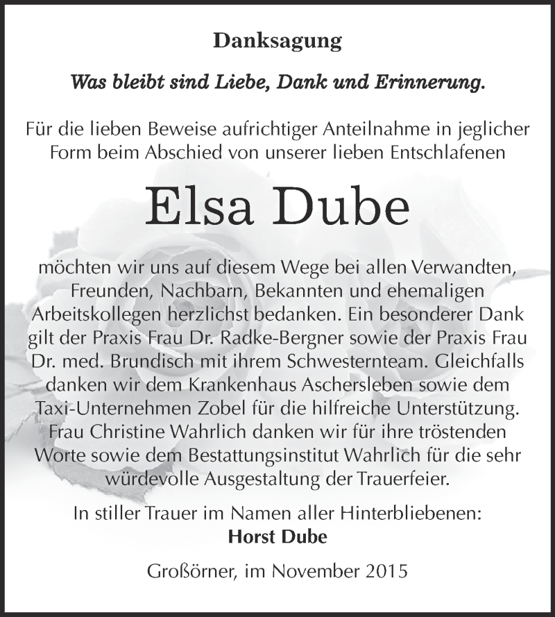  Traueranzeige für Elsa Dube vom 28.11.2015 aus Super Sonntag SGH Mansf. Land