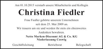 Traueranzeige von Christina Fiedler von WVG - Wochenspiegel Halle