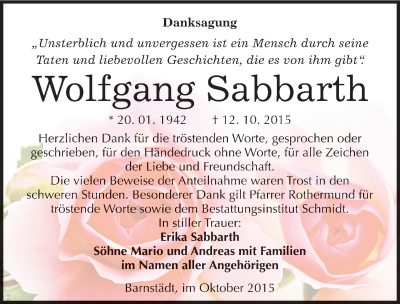  Traueranzeige für Wolfgang Sabbarth vom 07.11.2015 aus Mitteldeutsche Zeitung Merseburg/Querfurt