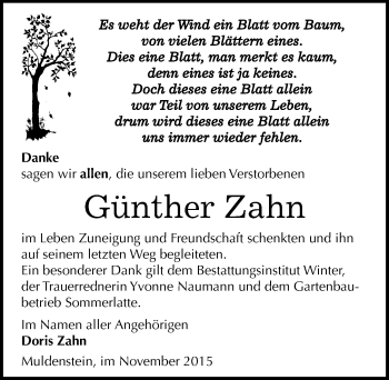 Traueranzeige von Günther Zahn von Mitteldeutsche Zeitung Bitterfeld