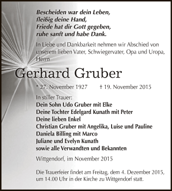 Traueranzeige von Gerhard Gruber von Super Sonntag Zeitz
