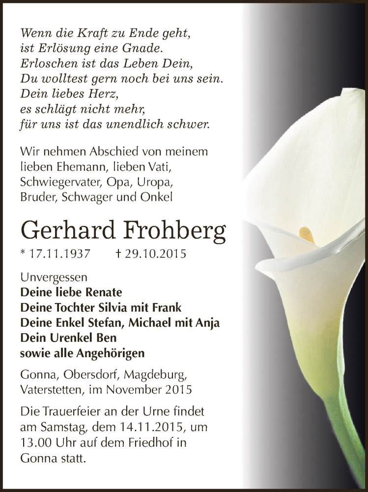  Traueranzeige für Gerhard Frohberg vom 07.11.2015 aus Super Sonntag SGH Mansf. Land