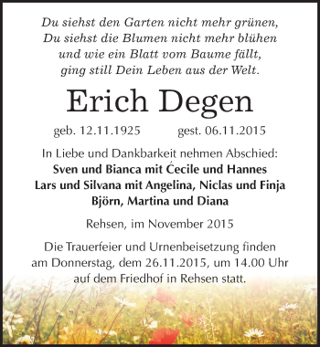 Traueranzeige von Erich Degen von Mitteldeutsche Zeitung Wittenberg