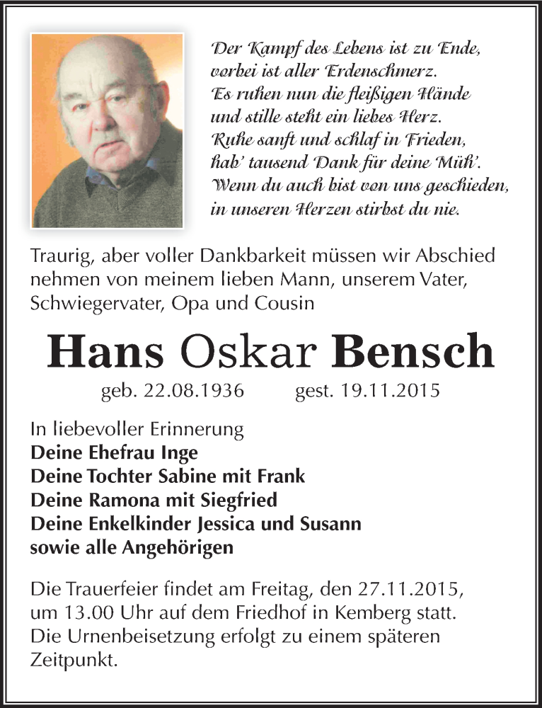  Traueranzeige für Hans Oskar Bensch vom 23.11.2015 aus Mitteldeutsche Zeitung Wittenberg