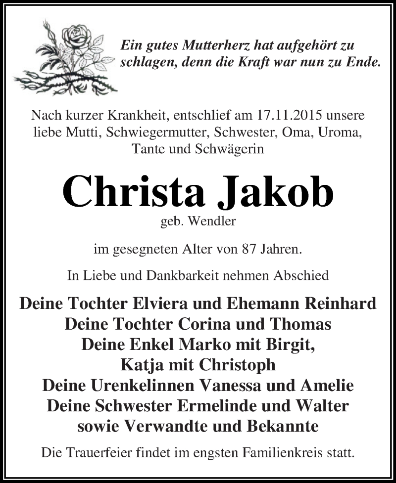  Traueranzeige für Christa Jakob vom 21.11.2015 aus WVG - Wochenspiegel Dessau / Köthen