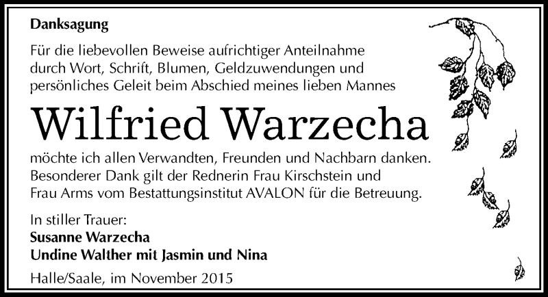  Traueranzeige für Wilfried Warzecha vom 21.11.2015 aus Mitteldeutsche Zeitung Halle/Saalkreis