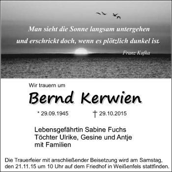 Traueranzeige von Bernd Kerwien von WVG - Wochenspiegel NMB / WSF / ZTZ