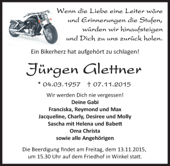 Traueranzeige von Jürgen Glettner von Mitteldeutsche Zeitung Sangerhausen