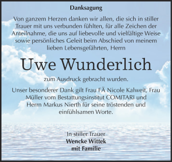 Traueranzeige von Uwe Wunderlich von WVG - Wochenspiegel NMB / WSF / ZTZ