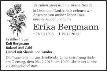 Traueranzeige von Erika Bergmann von Super Sonntag Merseburg