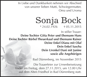 Traueranzeige von Sonja Bock von Super Sonntag Merseburg