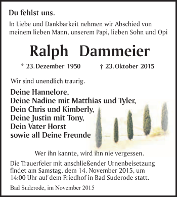 Traueranzeige von Ralph Dammeier von WVG - Wochenspiegel Quedlinburg