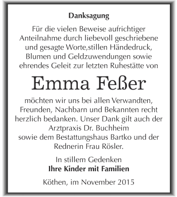 Traueranzeige von Emma Feßer von WVG - Wochenspiegel Dessau / Köthen