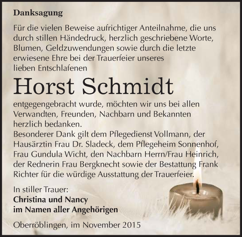  Traueranzeige für Horst Schmidt vom 28.11.2015 aus Mitteldeutsche Zeitung Sangerhausen