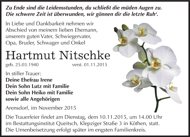  Traueranzeige für Hartmut Nitschke vom 05.11.2015 aus Mitteldeutsche Zeitung Köthen