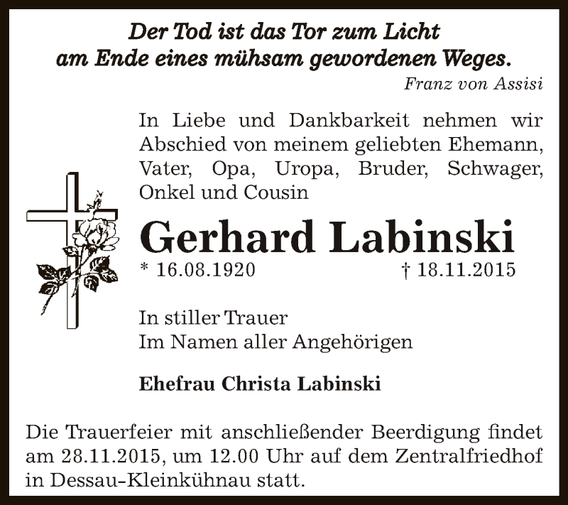  Traueranzeige für Gerhard Labinski vom 25.11.2015 aus WVG - Wochenspiegel Dessau / Köthen